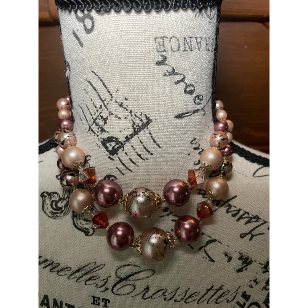 Vintage Japan Mauve Pink Faux Pearl Multi Strand Necklace Clip On Earring Set